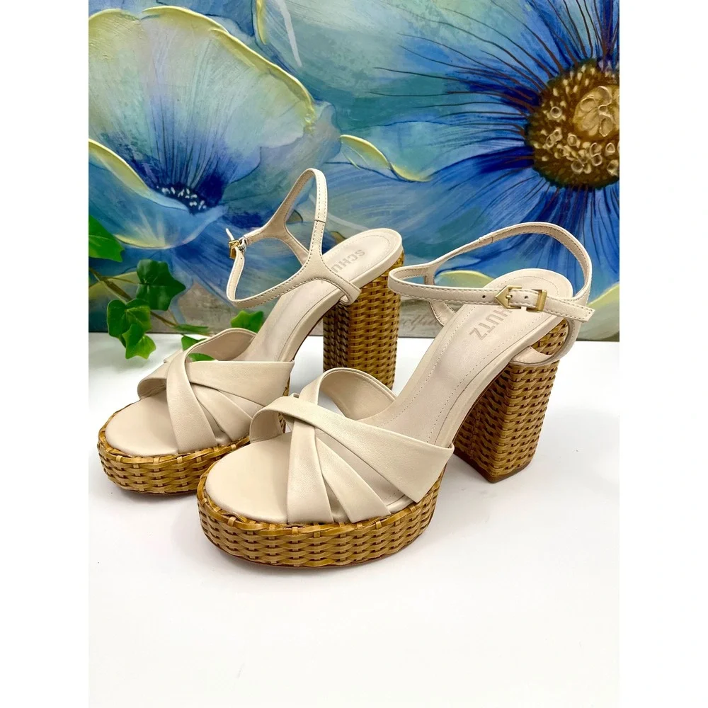 New Schutz Keefa Straw Platform Sandals Off White Leather‎ Woven Block Heel 9.5